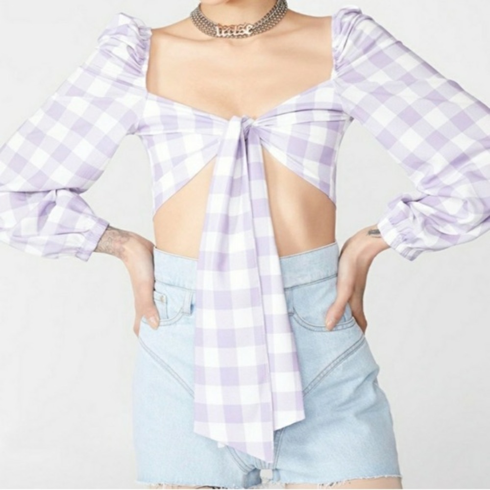 New Girl Order Purple Lilac Gingham Tie Front Crop Top
